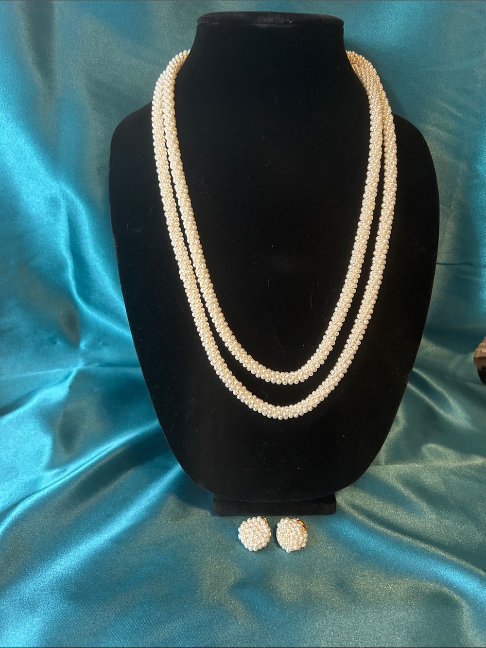 Classic Long Ivory Pearl Necklace and Earrings Set